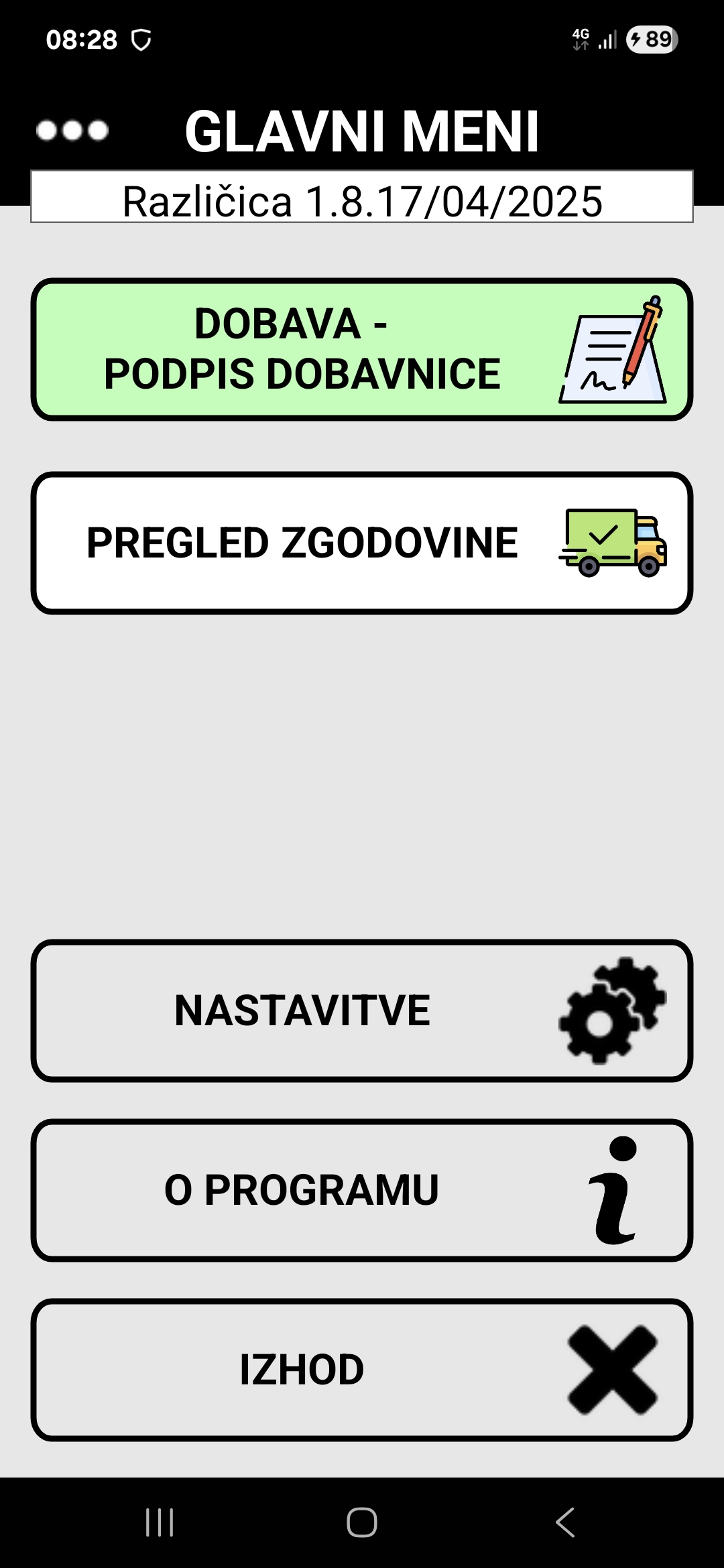 Zaslon aplikacije GEMPOS za dobavnice